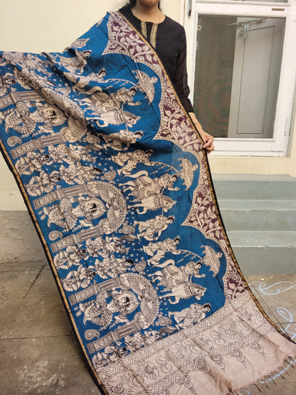 Kalamkari Chanderi Silk Dupatta - Blue Ambari