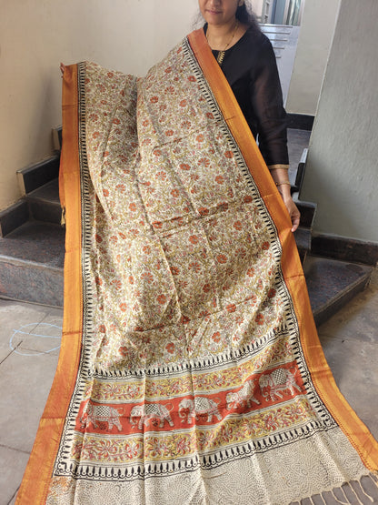 Kalamkari Chennur Silk Dupatta - Orange Border