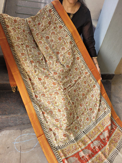Kalamkari Chennur Silk Dupatta - Orange Border