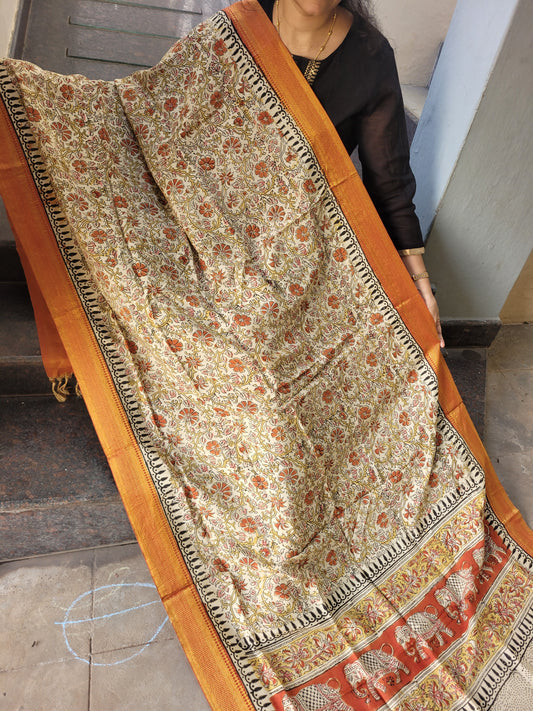 Kalamkari Chennur Silk Dupatta - Orange Border