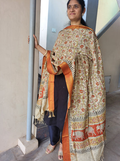 Kalamkari Chennur Silk Dupatta - Orange Border