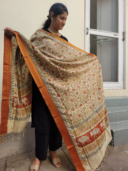 Kalamkari Chennur Silk Dupatta - Orange Border
