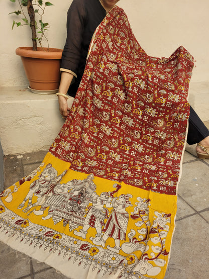 Kalamkari Chennur cotton silk Dupatta - Red & Yellow ambari