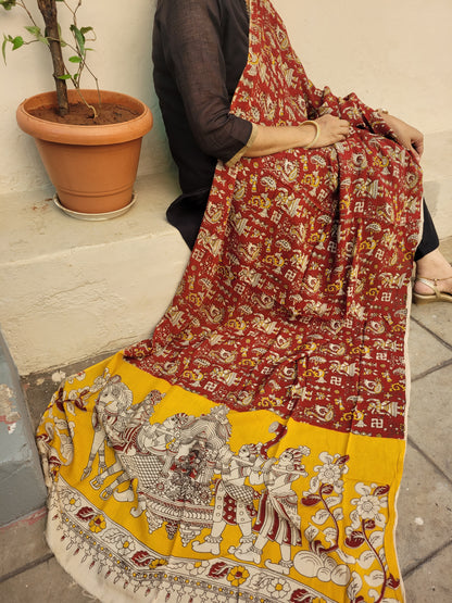 Kalamkari Chennur cotton silk Dupatta - Red & Yellow ambari