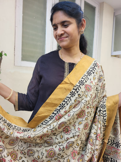 Kalamkari Chennur Silk Dupatta - Pale Yellow
