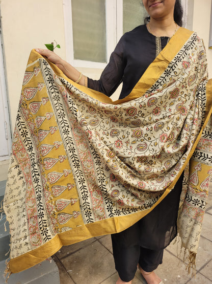 Kalamkari Chennur Silk Dupatta - Pale Yellow