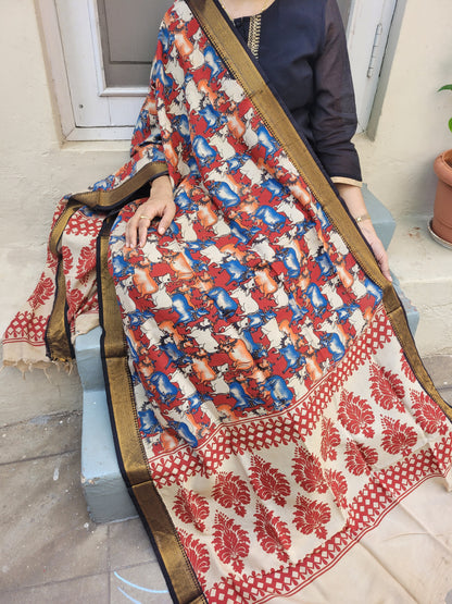Kalamkari Chennur Silk Dupatta - Pichwai Red