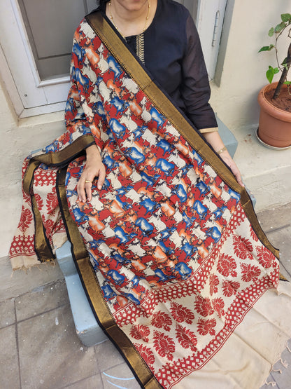 Kalamkari Chennur Silk Dupatta - Pichwai Red