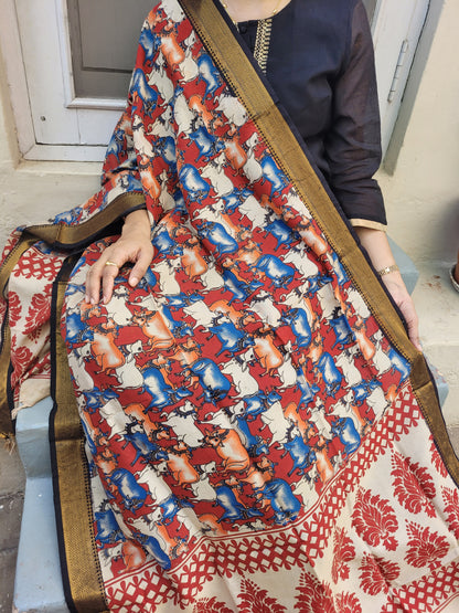 Kalamkari Chennur Silk Dupatta - Pichwai Red