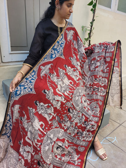 Kalamkari Chanderi Silk Dupatta - Red Ambari