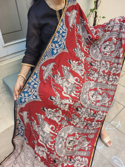 Kalamkari Chanderi Silk Dupatta - Red Ambari