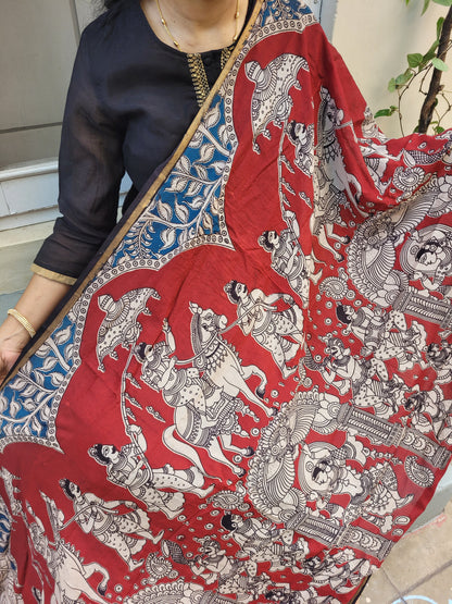 Kalamkari Chanderi Silk Dupatta - Red Ambari