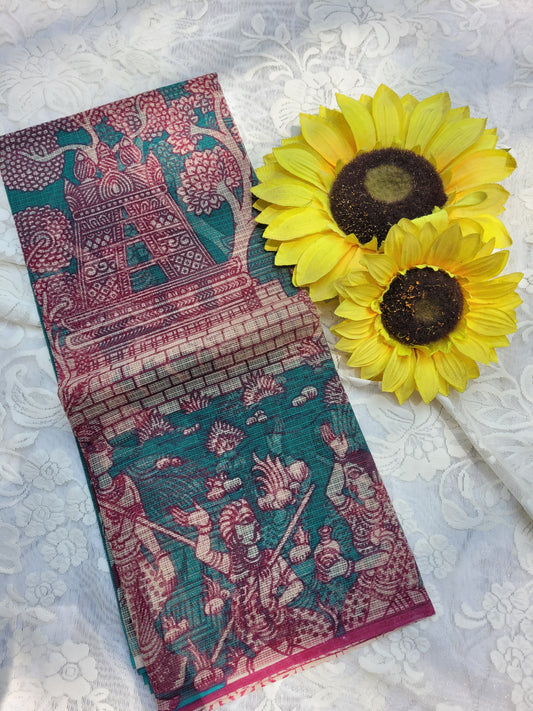 Kalamkari Kota cotton saree - without blouse (Sea Blue)
