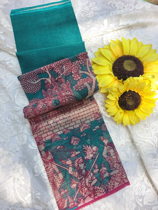 Kalamkari Kota cotton saree - without blouse (Sea Blue)