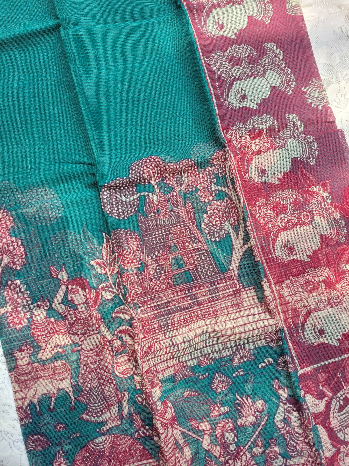 Kalamkari Kota cotton saree - without blouse (Sea Blue)