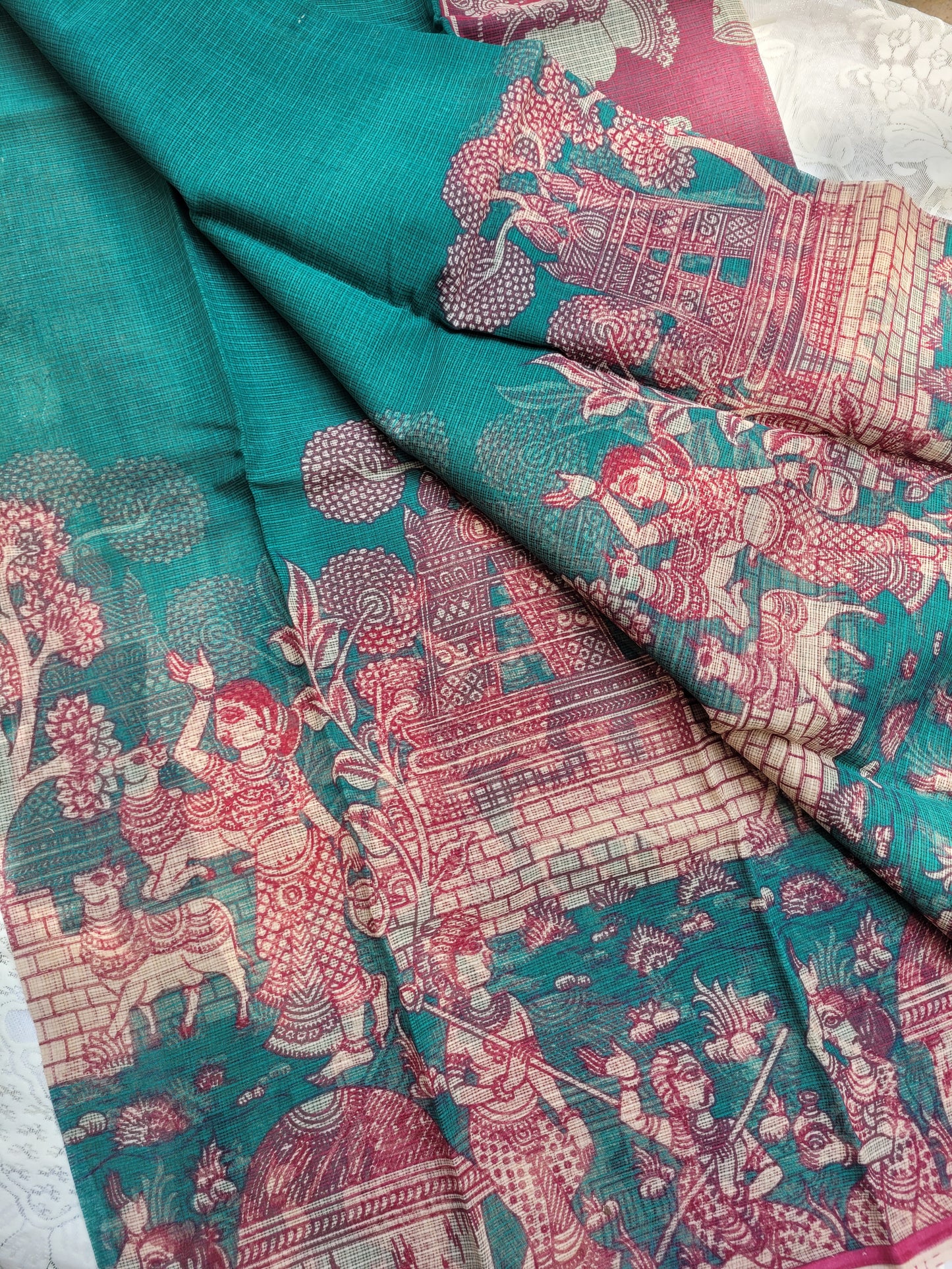 Kalamkari Kota cotton saree - without blouse (Sea Blue)