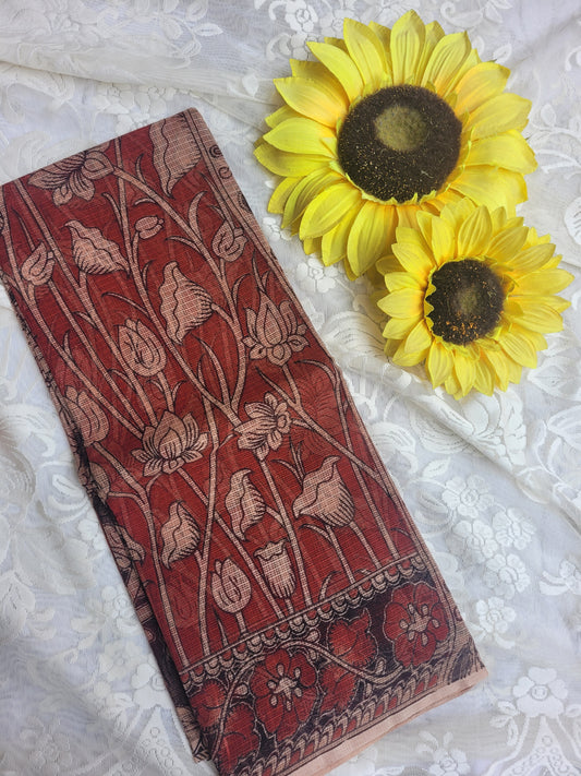Kalamkari Kota cotton saree - without blouse (Red - Lotus)