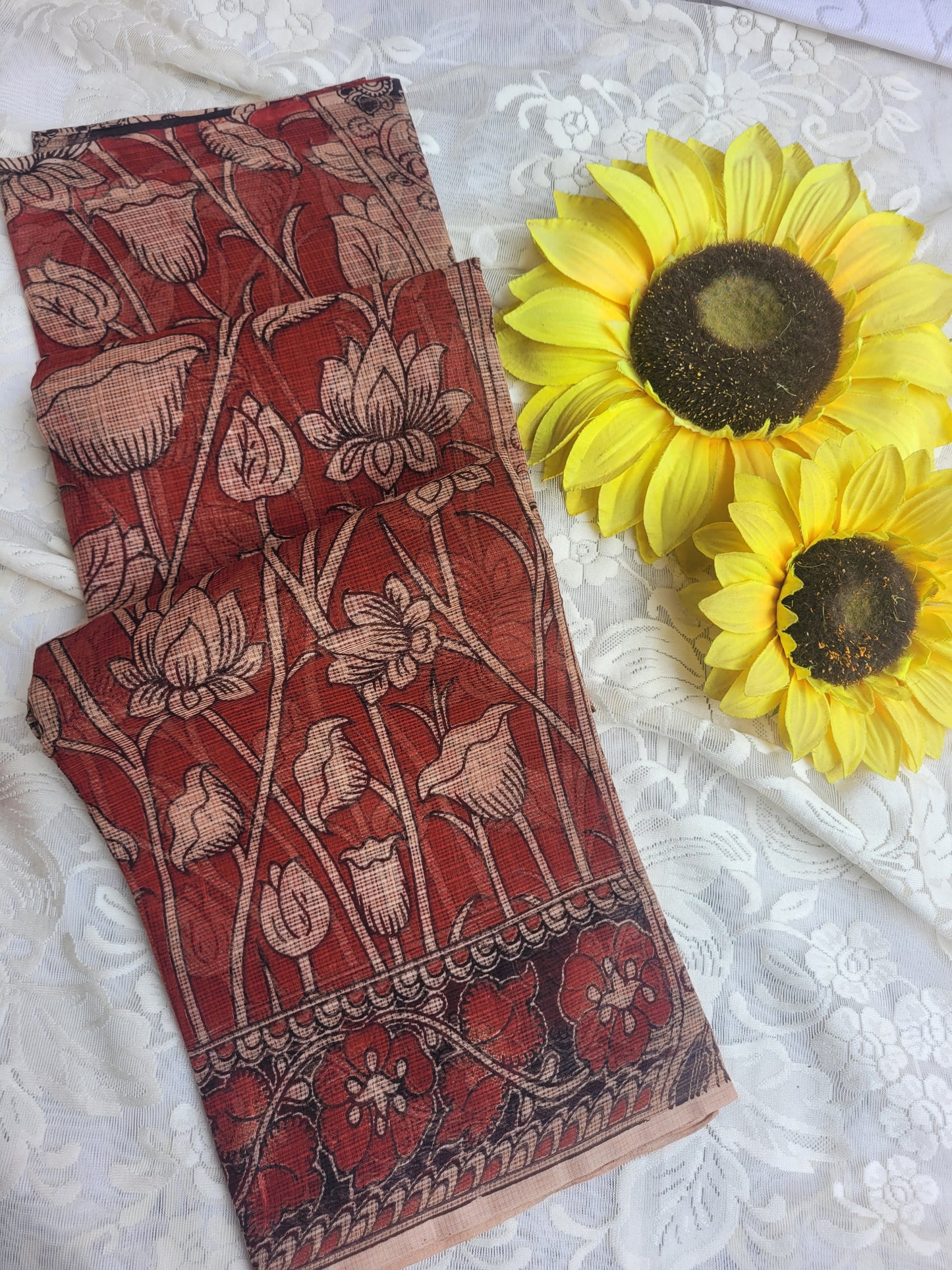 Kalamkari Kota cotton saree - without blouse (Red - Lotus)