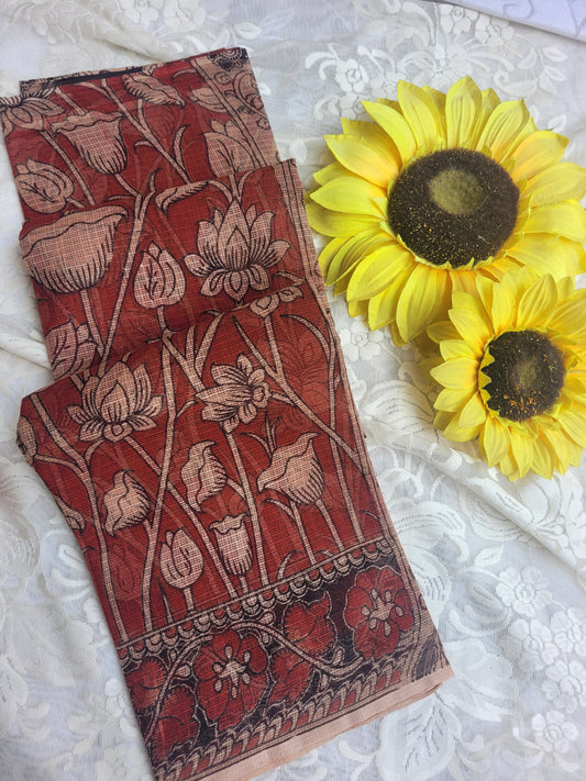 Kalamkari Kota cotton saree - without blouse (Red - Lotus)