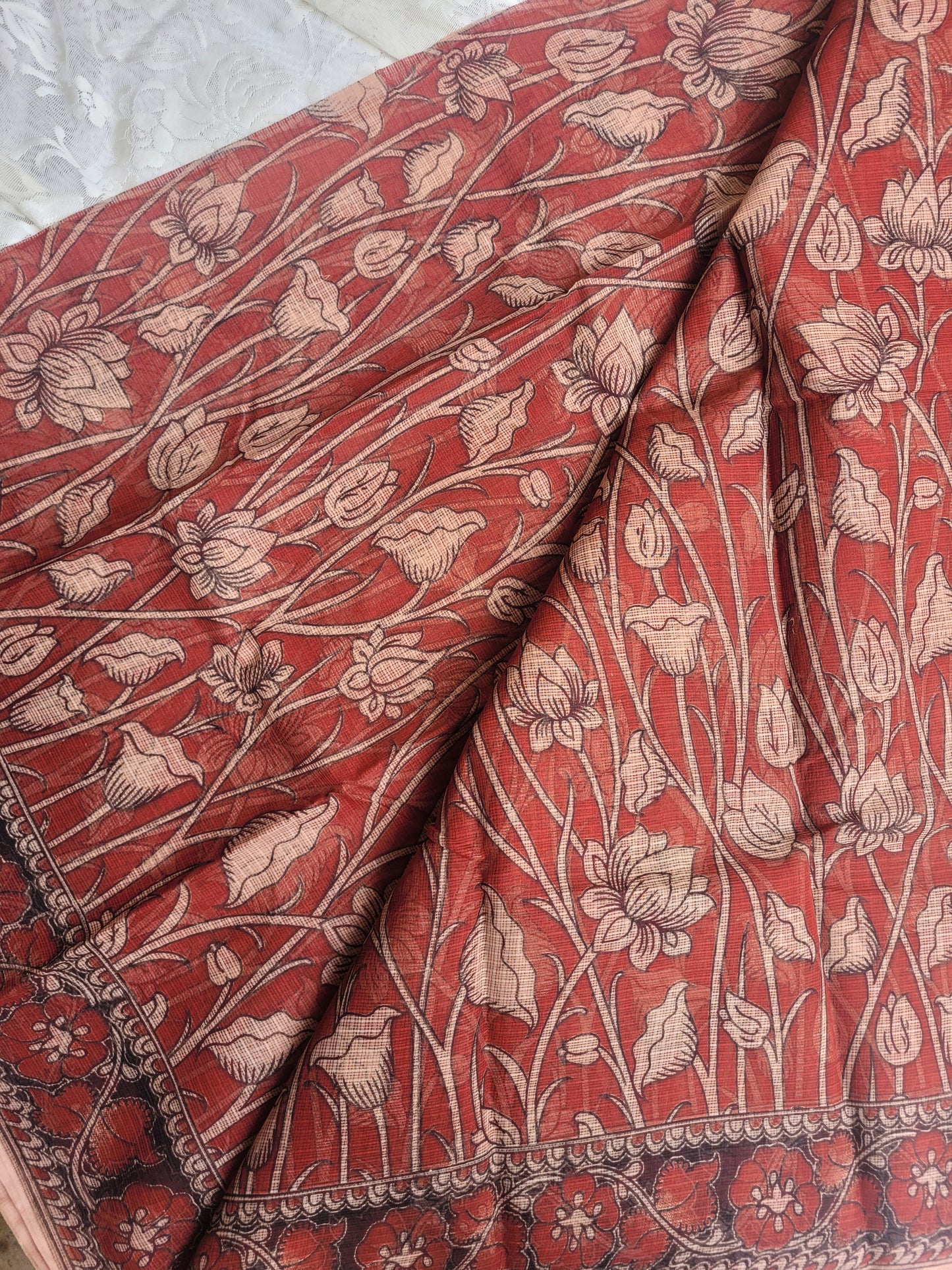 Kalamkari Kota cotton saree - without blouse (Red - Lotus)