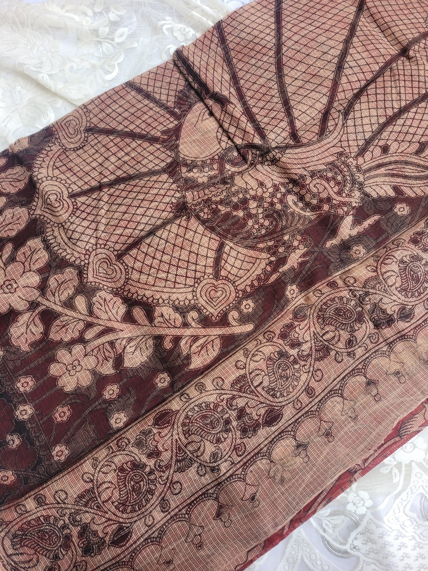 Kalamkari Kota cotton saree - without blouse (Red - Lotus)