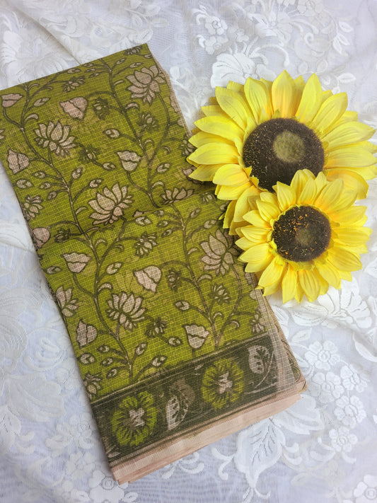 Kalamkari Kota cotton saree - without blouse (Green)