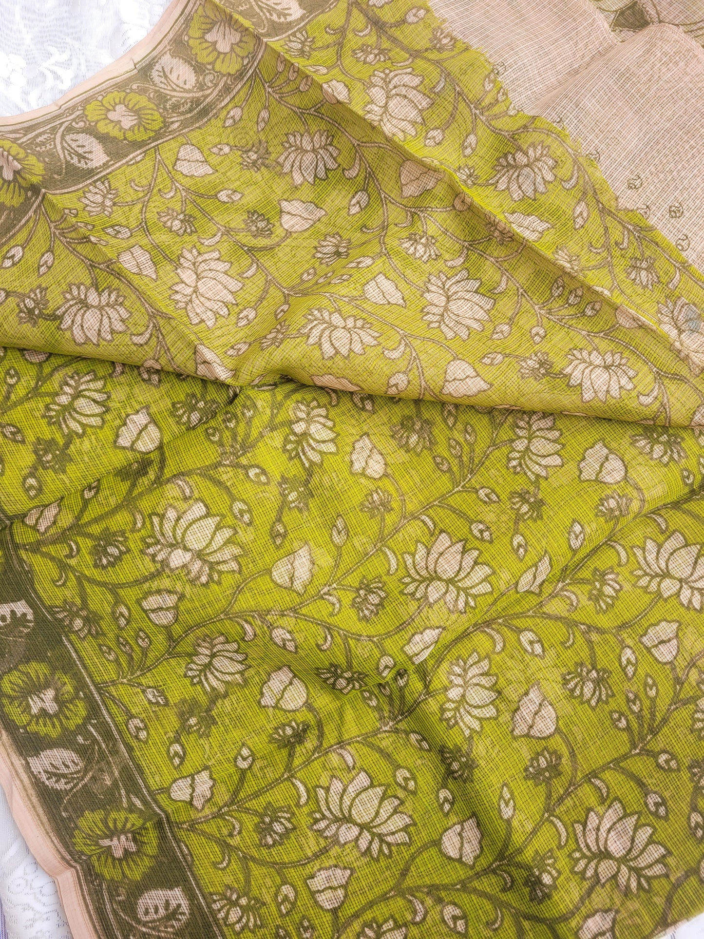 Kalamkari Kota cotton saree - without blouse (Green)