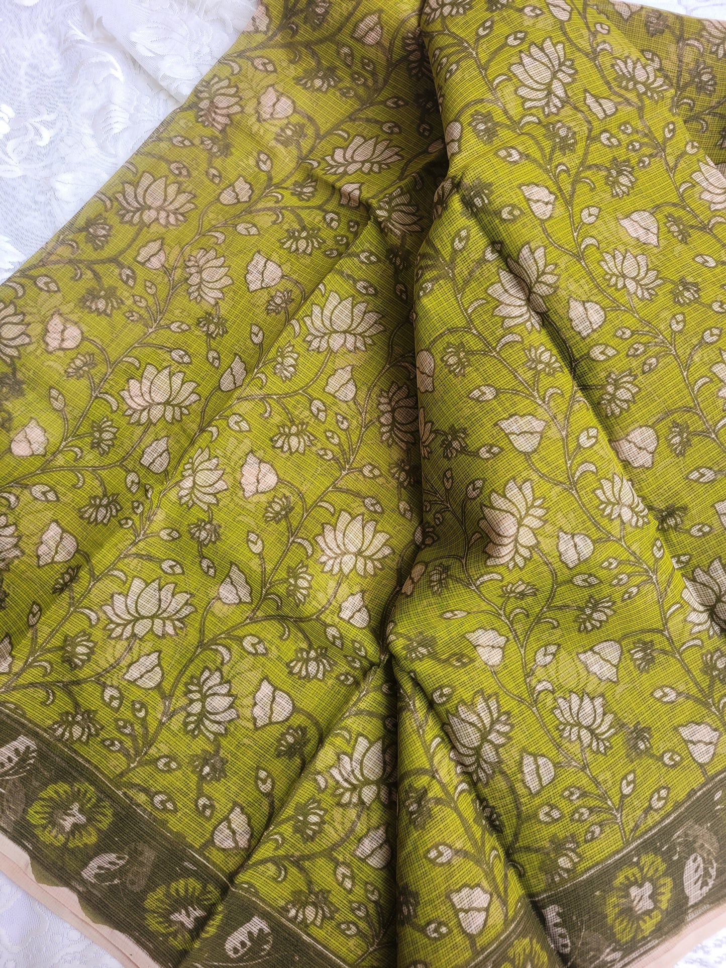 Kalamkari Kota cotton saree - without blouse (Green)