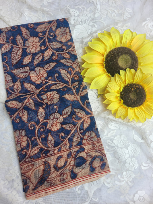 Kalamkari Kota cotton saree - without blouse (Floral Blue)