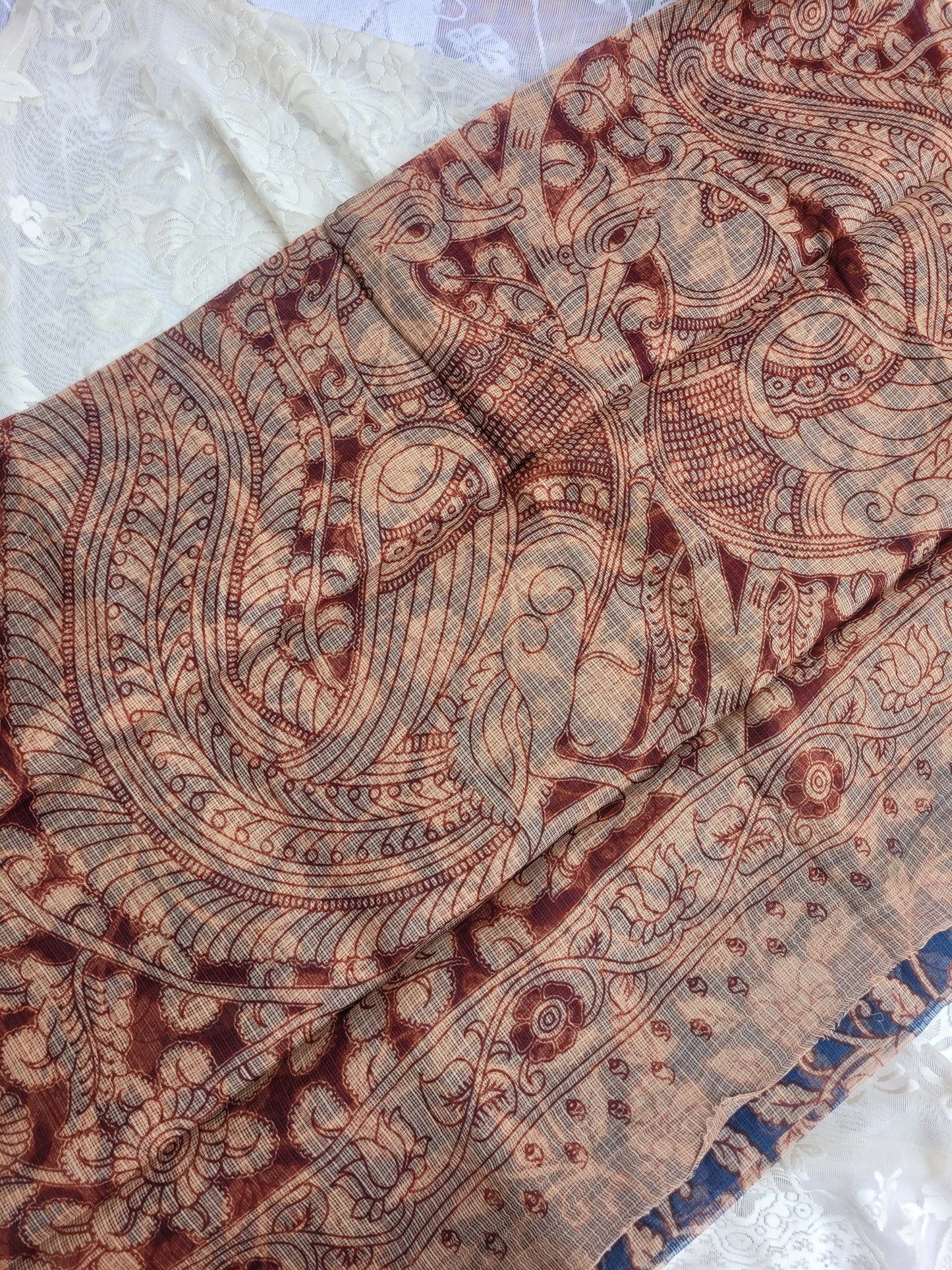 Kalamkari Kota cotton saree - without blouse (Floral Blue)