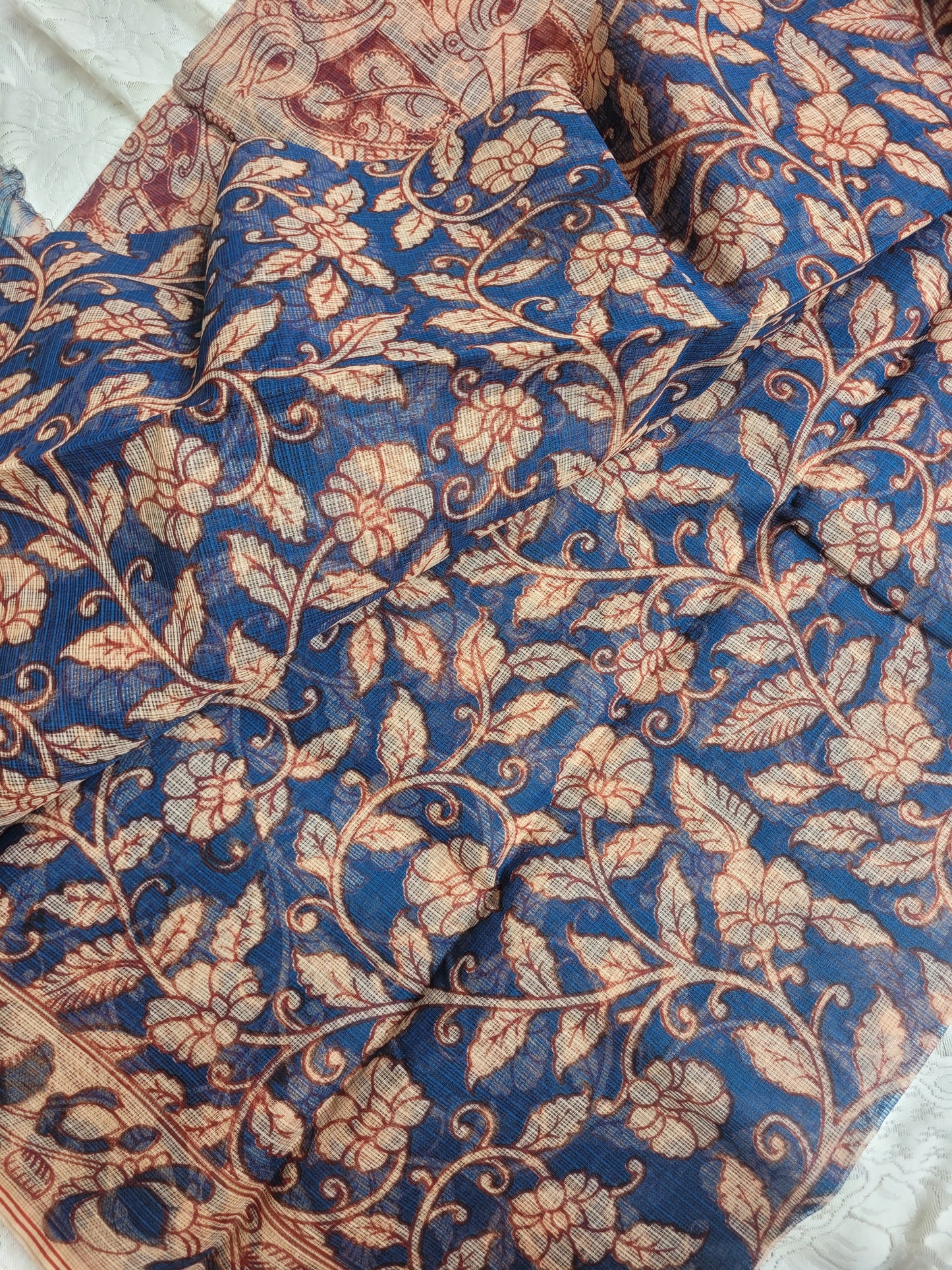 Kalamkari Kota cotton saree - without blouse (Floral Blue)