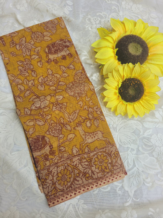 Kalamkari Kota cotton saree - without blouse (Floral Yellow)