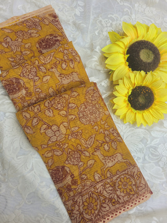 Kalamkari Kota cotton saree - without blouse (Floral Yellow)