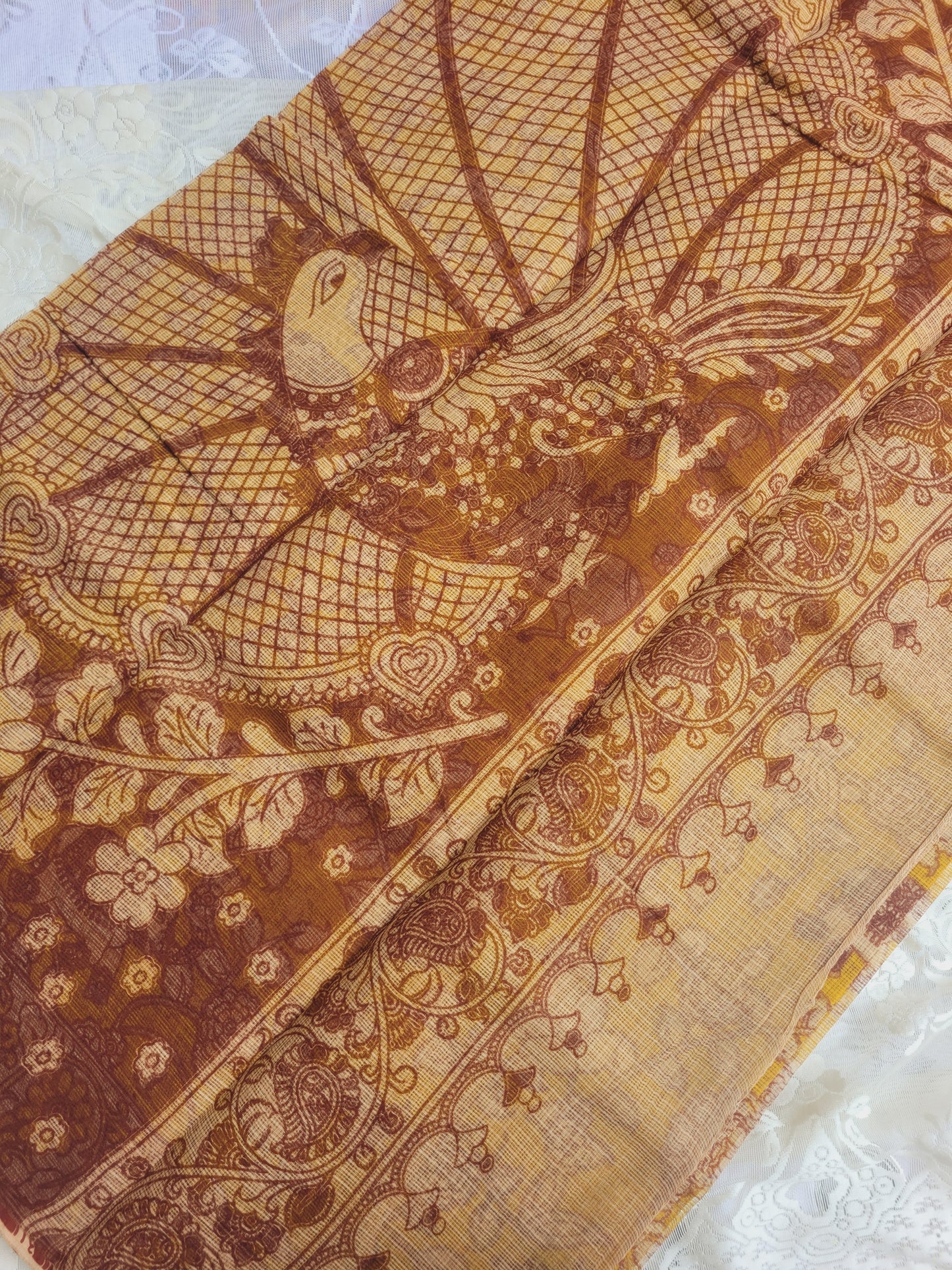 Kalamkari Kota cotton saree - without blouse (Floral Yellow)