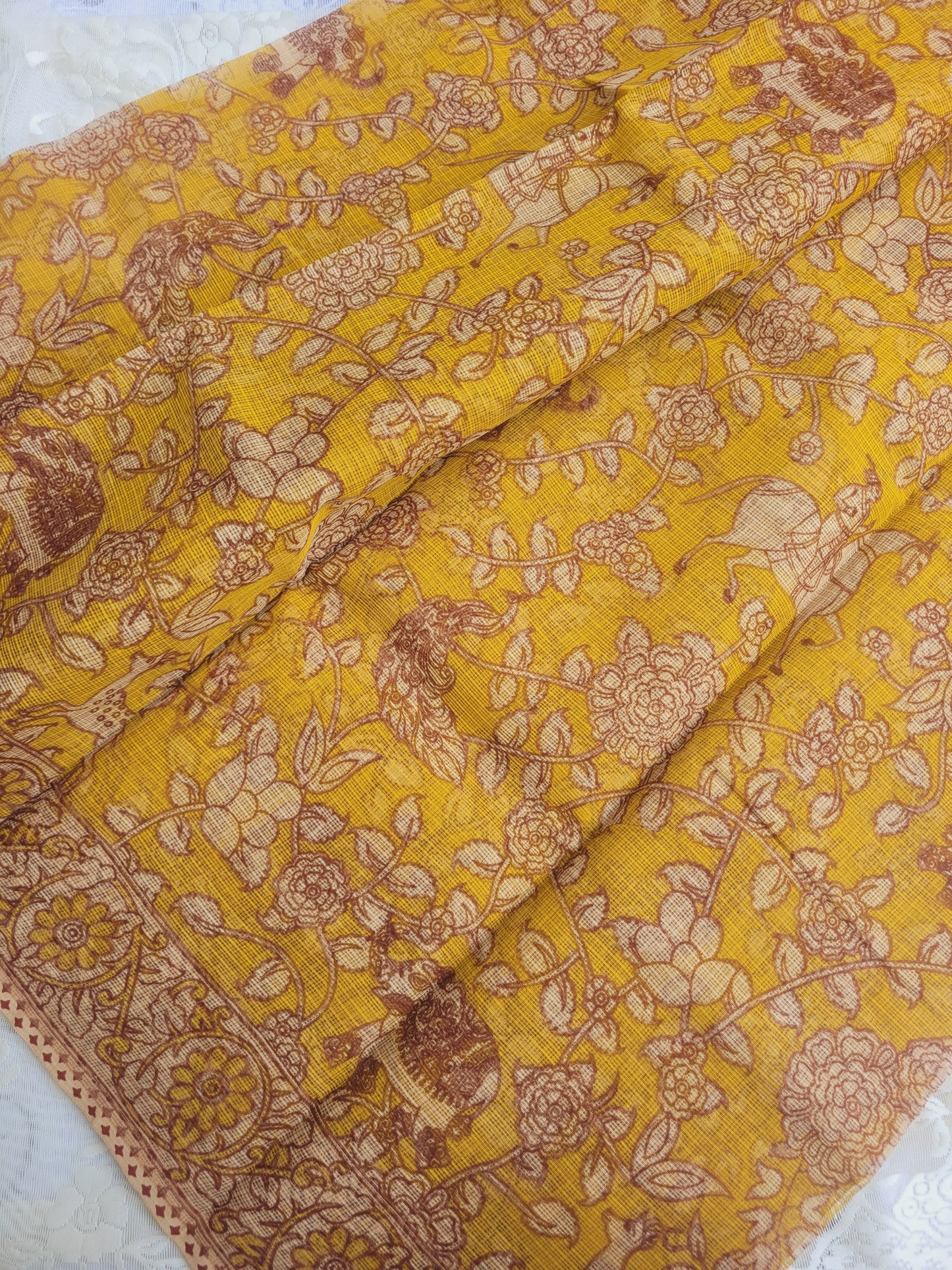 Kalamkari Kota cotton saree - without blouse (Floral Yellow)