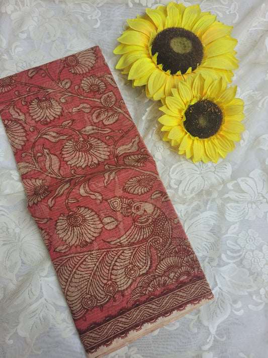 Kalamkari Kota cotton saree - without blouse (English pink)