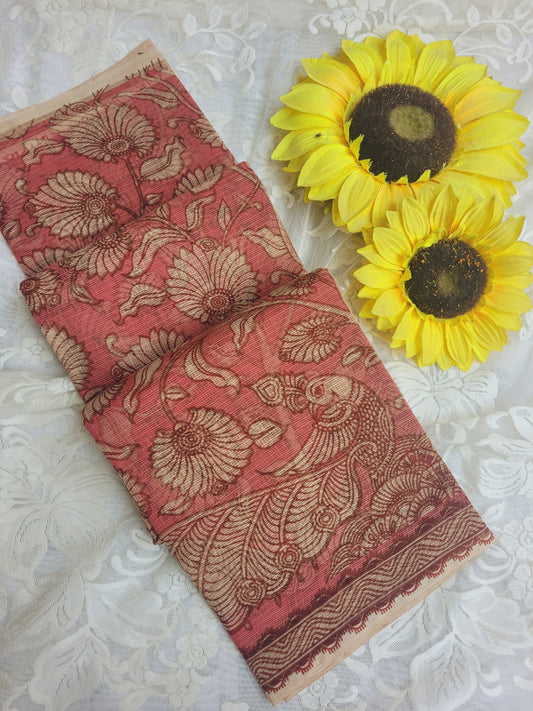 Kalamkari Kota cotton saree - without blouse (English pink)