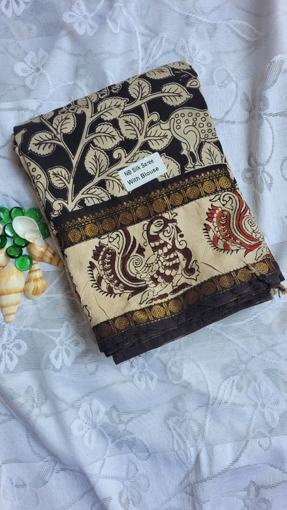 Twin Border Black & White Floral Kalamkari Screen Printed Chennur Silk saree - Judwa