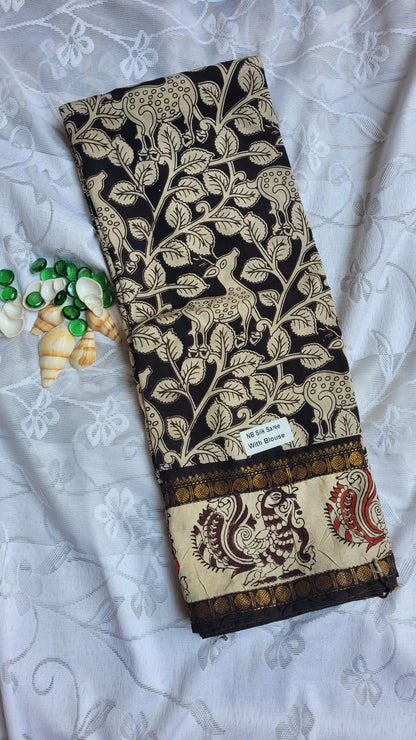 Twin Border Black & White Floral Kalamkari Screen Printed Chennur Silk saree - Judwa
