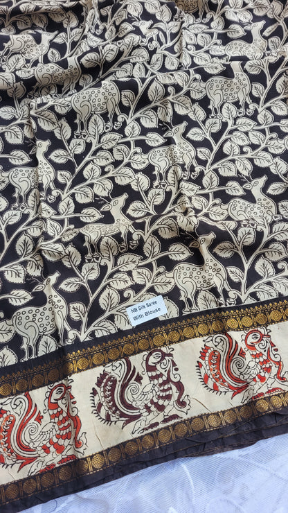 Twin Border Black & White Floral Kalamkari Screen Printed Chennur Silk saree - Judwa