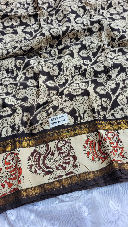 Twin Border Black & White Floral Kalamkari Screen Printed Chennur Silk saree - Judwa