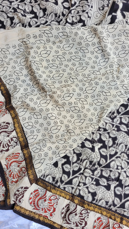 Twin Border Black & White Floral Kalamkari Screen Printed Chennur Silk saree - Judwa