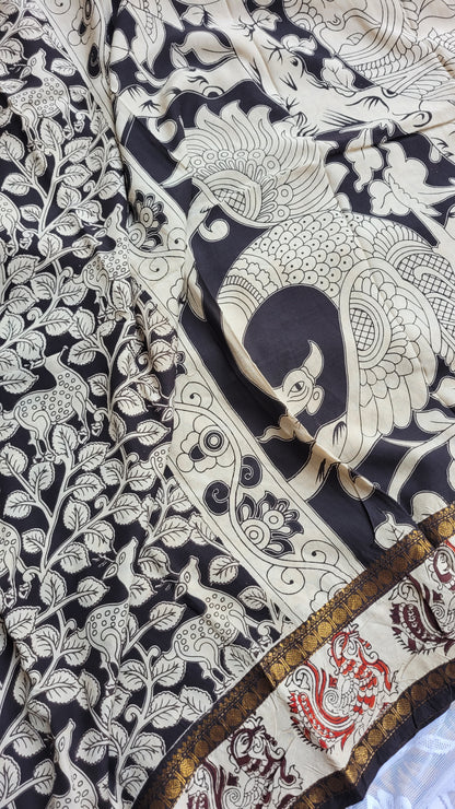 Twin Border Black & White Floral Kalamkari Screen Printed Chennur Silk saree - Judwa
