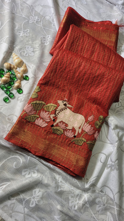 Mangalagiri Zari stripe silk saree with Pichwai Embroidery - Candy orange