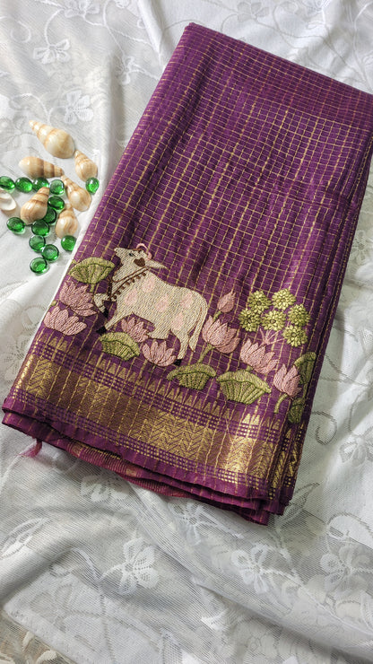 Mangalagiri Zari stripe silk saree with Pichwai Embroidery - Dark Purple