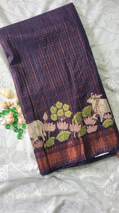 Mangalagiri Zari stripe silk saree with Pichwai Embroidery - Dark Purple copper zari