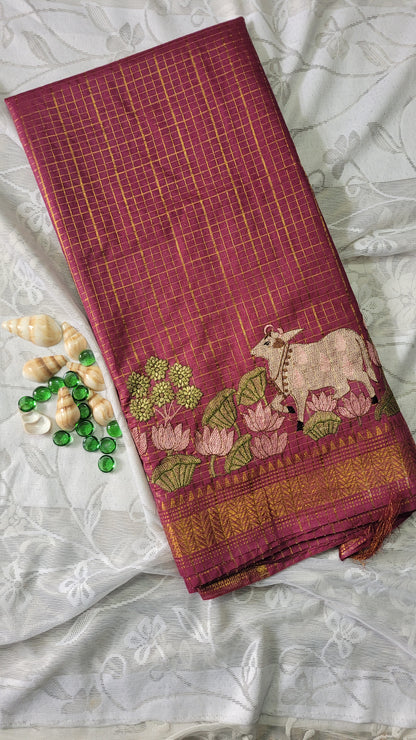 Mangalagiri Zari stripe silk saree with Pichwai Embroidery - Dark Pink