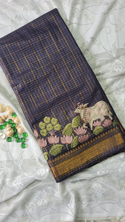 Mangalagiri Zari stripe silk saree with Pichwai Embroidery - Dark Blue