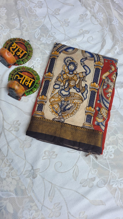 Red Kalamkari Screen Printed Chennur Silk saree - Arna