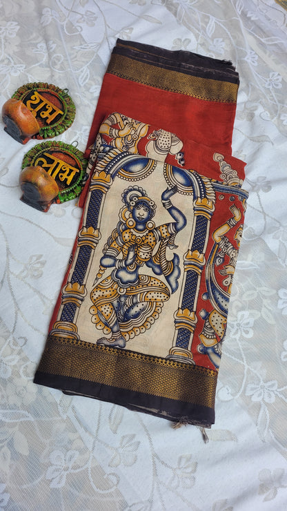 Red Kalamkari Screen Printed Chennur Silk saree - Arna